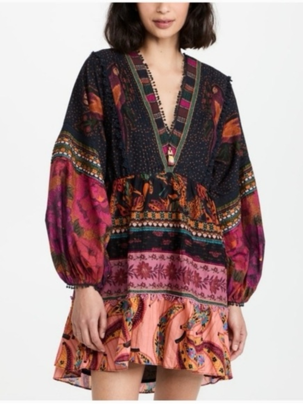 Farm Rio Bohemian Patchwork V-Neck Mixed Print Tunic dress - Pink/Black